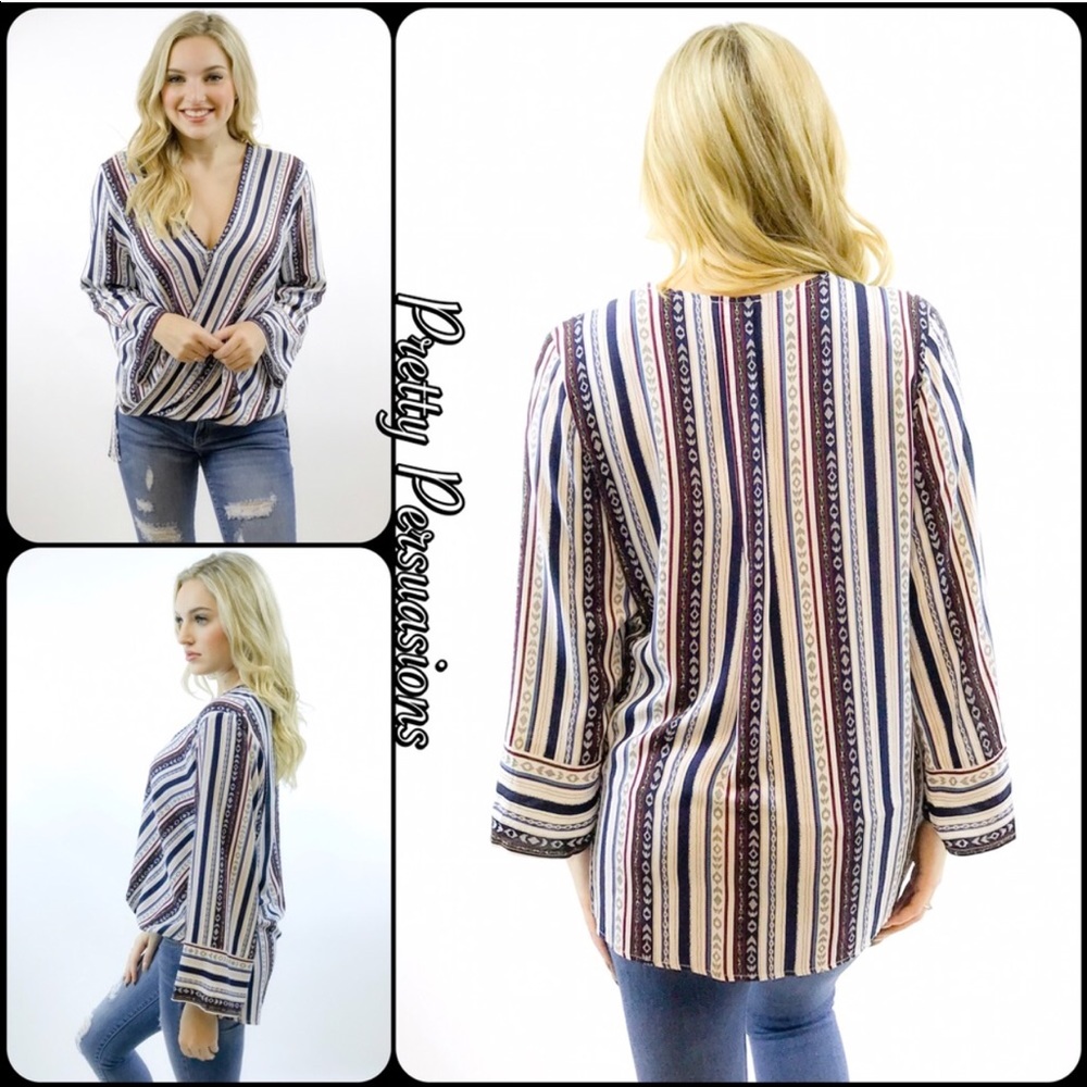 Striped Plunging Surplice Long Slv Top - Picture 6 of 7